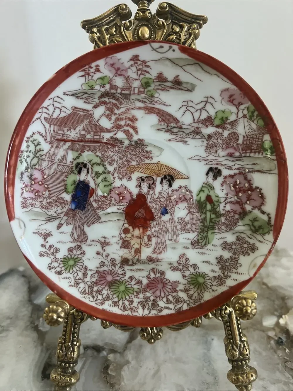 Set Of 3 Vtg Japanese Kutani Porcelain Geisha Saucer Plates Hand Painted 5.5”